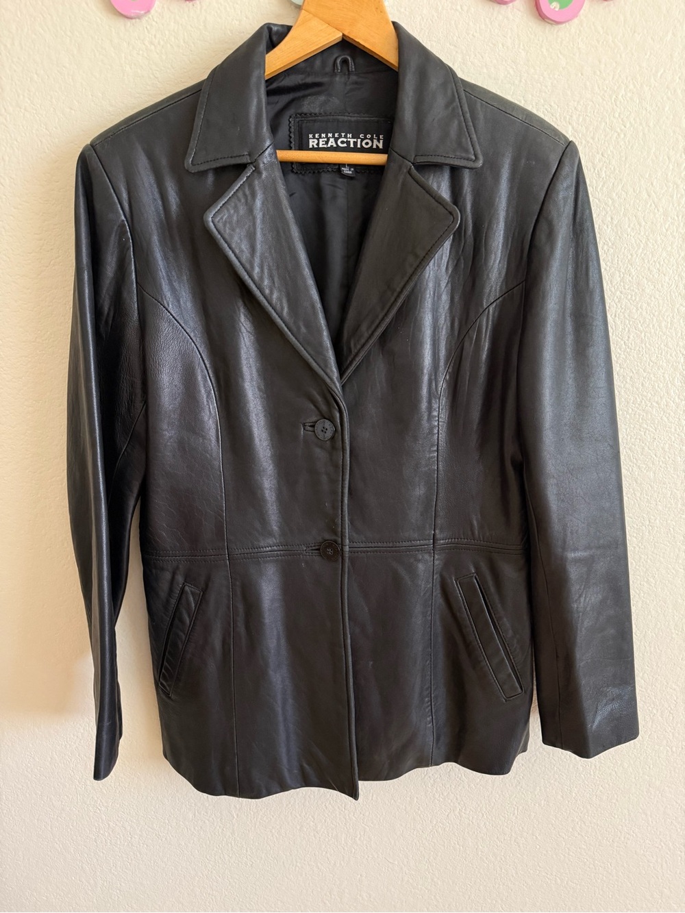 Kenneth Cole Reaction Black Leather Pea Coat Size L
